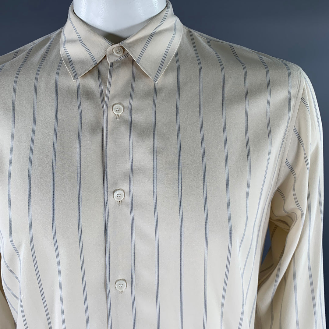 SANDRO Size XL Cream Blue Stripe Viscose Long Sleeve Shirt