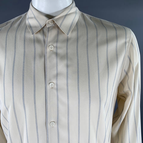 SANDRO Size XL Cream Blue Stripe Viscose Long Sleeve Shirt