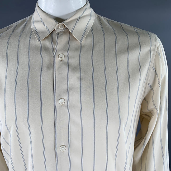 SANDRO Size XL Cream Blue Stripe Viscose Long Sleeve Shirt