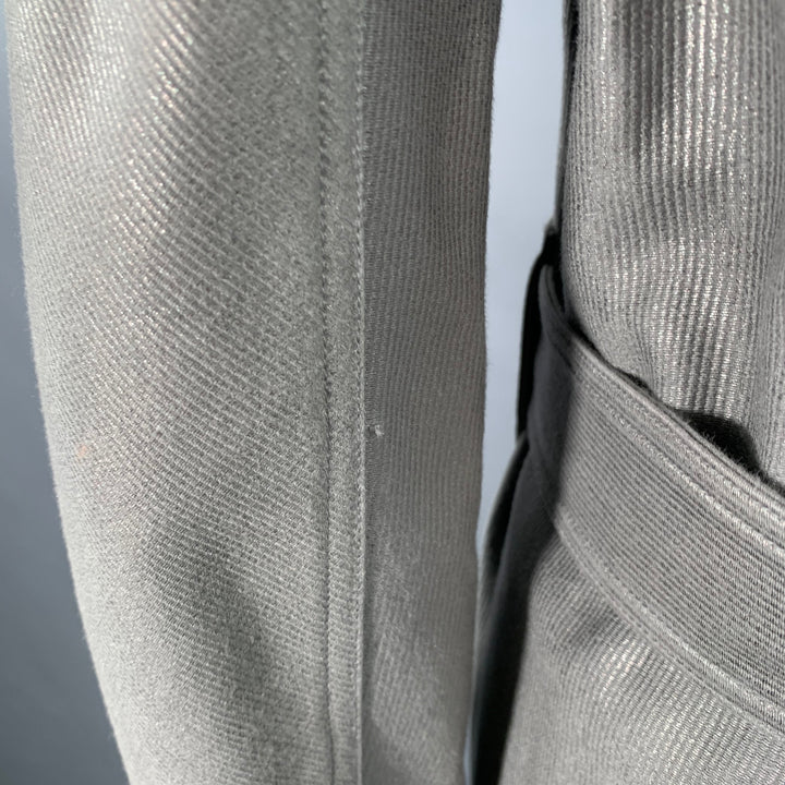 ALAIA Size 10 Grey Silver Cotton Twill Belted Double Breasted Coat