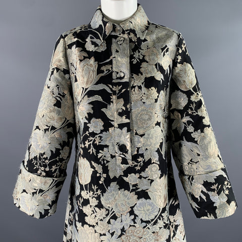 ERDEM Size 10 Black Silver Silk Poly Blend Floral A-Line Long Dress