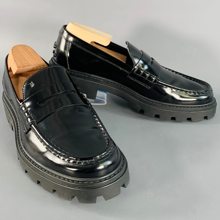 TOD'S Size 11 Black Patent Leather Lug Sole Penny Loafers Flats
