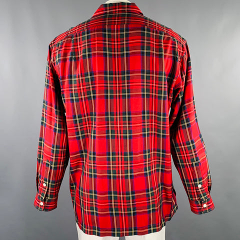 POLO by RALPH LAUREN Size L Red Green Plaid Silk 2 Pockets Long Sleeve Shirt
