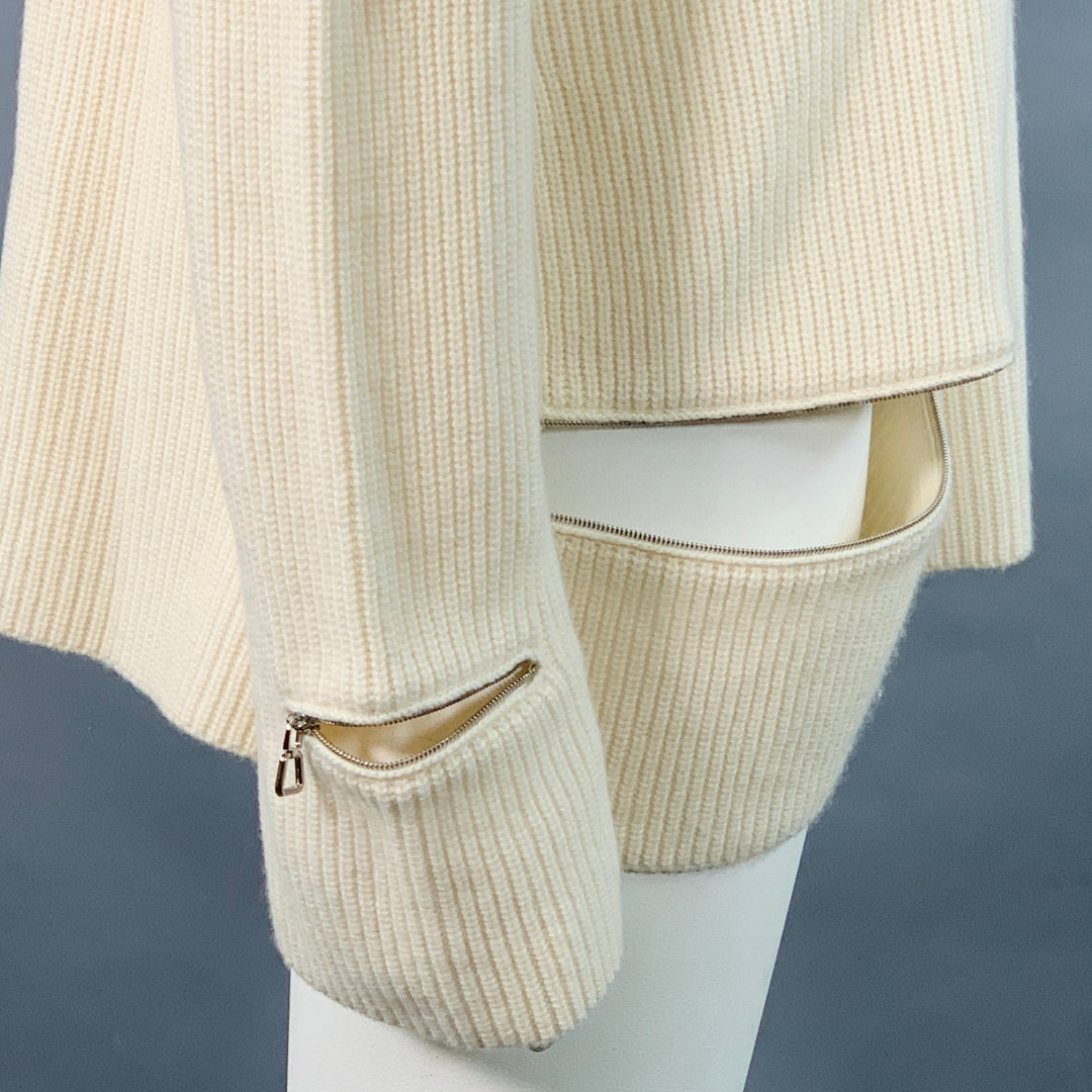 AKRIS Size 14 Off White Cashmere Rib Knit Zippers Crew Neck Sweater