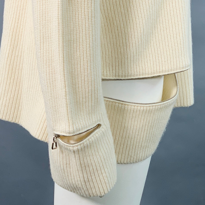 AKRIS Size 14 Off White Cashmere Rib Knit Zippers Crew Neck Sweater