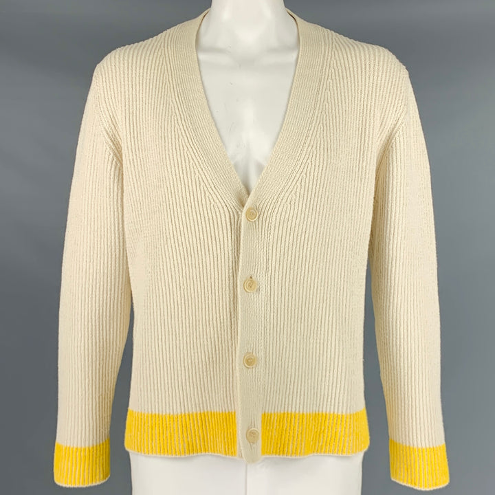 JACQUEMUS Size XL Cream Yellow Ribbed Cotton Blend Oversized Cardigan