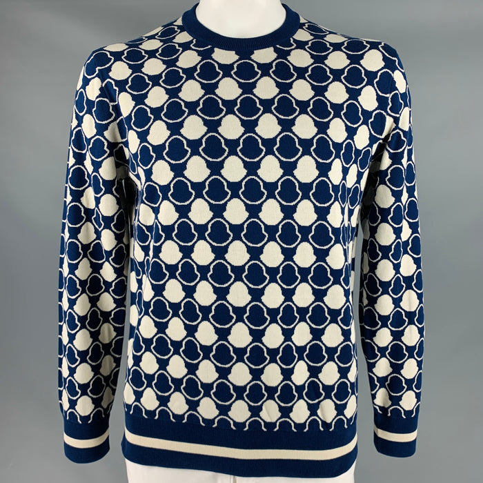 MONCLER Size XL Navy White Logo Cotton Crew Neck Pullover
