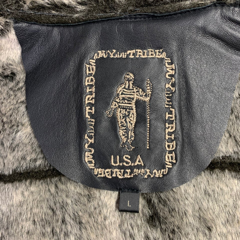 TRIBES Size L Black Grey Leather Faux Fur Open Front Vest