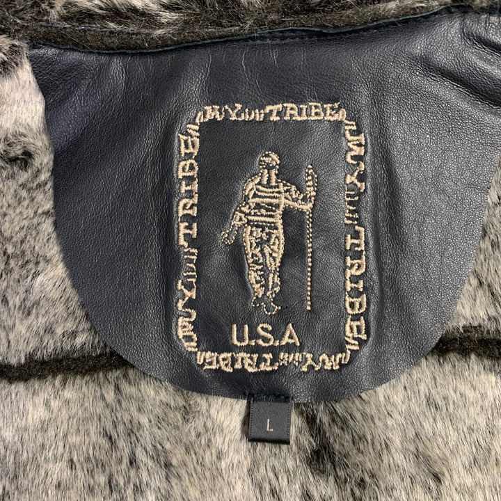 TRIBES Size L Black Grey Leather Faux Fur Open Front Vest