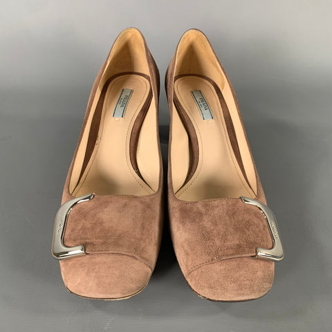PRADA Size 8.5 Khaki Silver buckle Suede Pumps