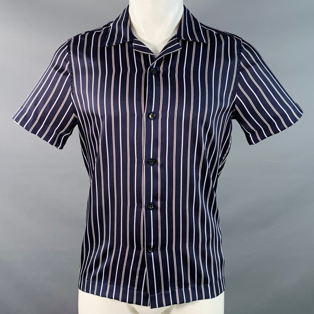 REISS Size S Svenson Navy White Stripe Polyester Regular Fit Camp Short Sleeve Shirt
