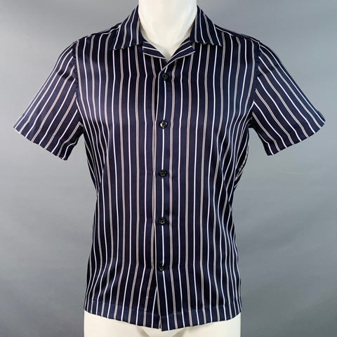 REISS Size S Svenson Navy White Stripe Polyester Regular Fit Camp Short Sleeve Shirt