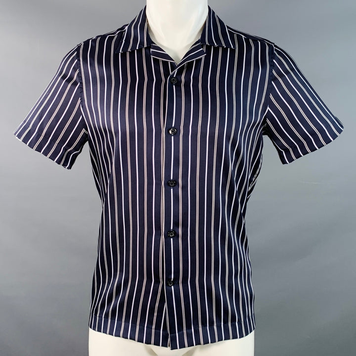 REISS Size S Svenson Navy White Stripe Polyester Regular Fit Camp Short Sleeve Shirt