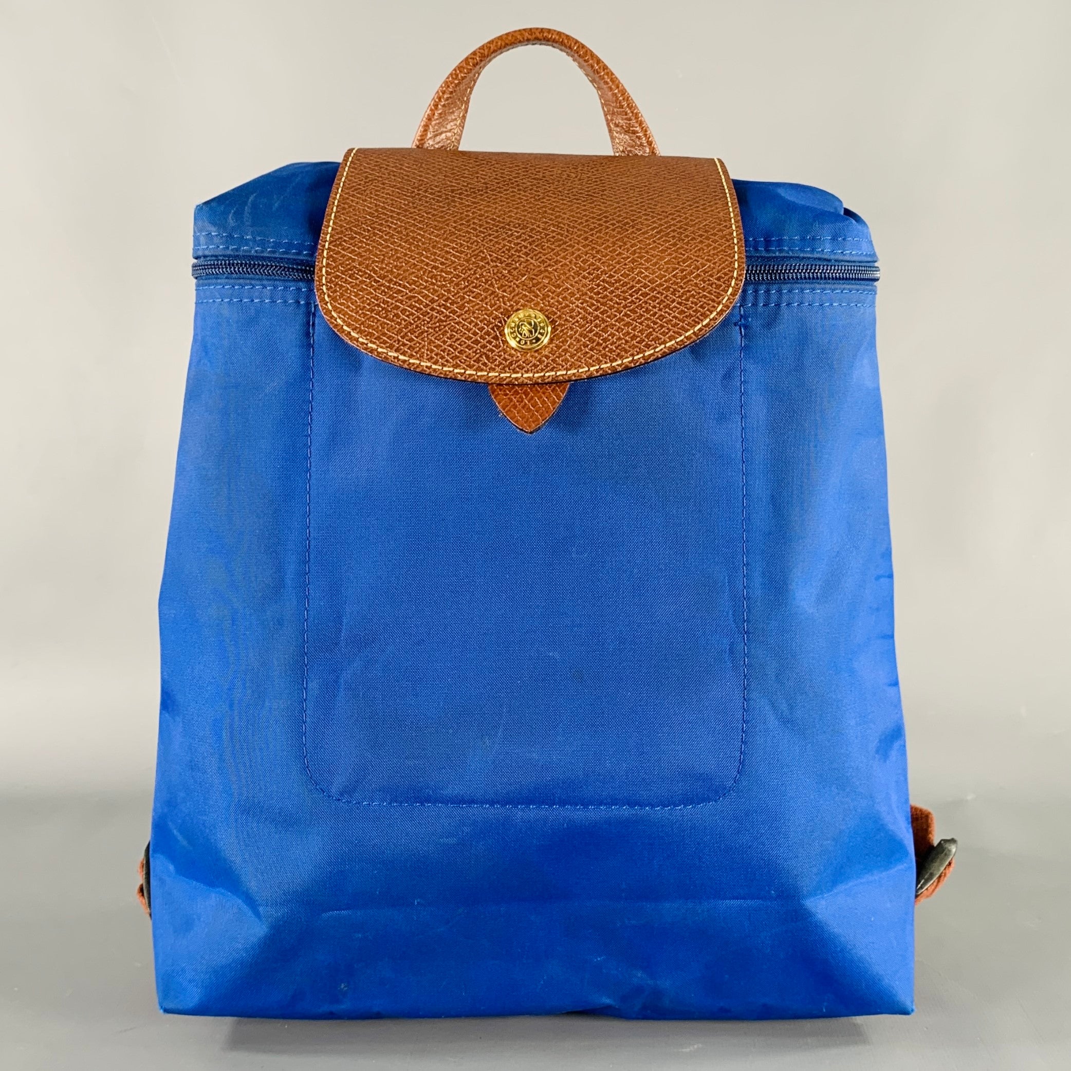 LONGCHAMP Blue Brown Mixed Materials Nylon Leather Backpack Handbag