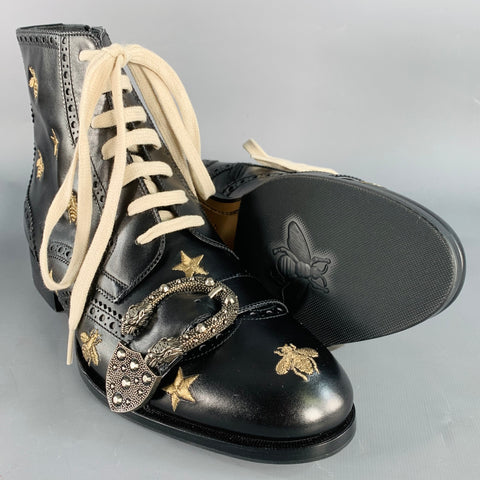 GUCCI Size 8.5 Dionysus Black Silver Gold Bee Stars Embroidery Buckle Boots