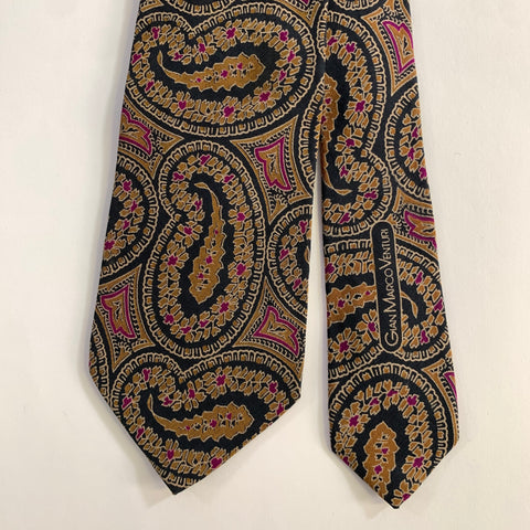 GIAN MARCO VENTURI Navy Brown Purple Paisley Wool Silk Tie