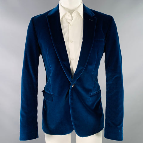 CALVIN KLEIN COLLECTION Size 40 Blue Velvet Cotton Blend Notch Lapel Single Button Sport Coat