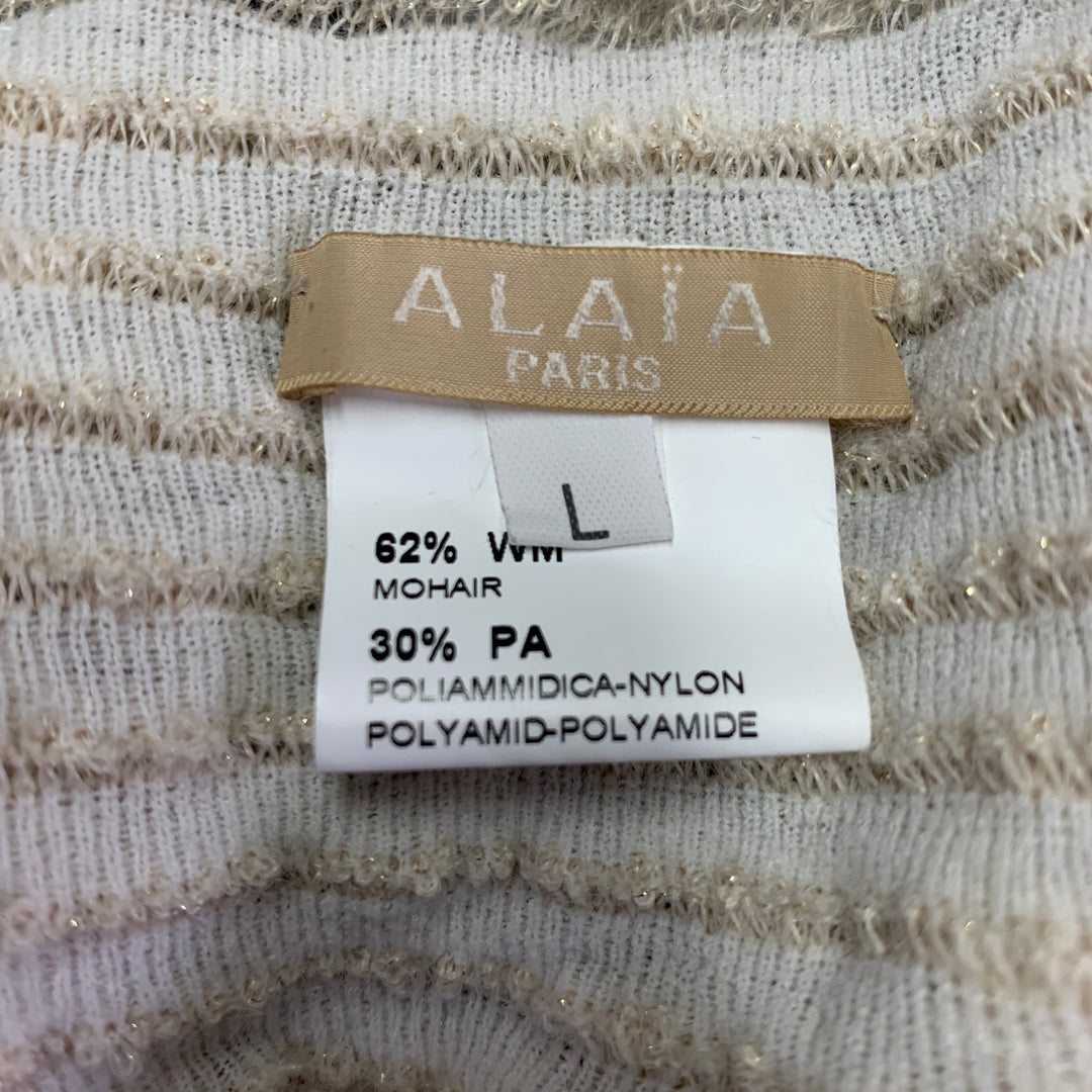 ALAIA Size L Beige Gold Mohair Blend Textured Ruffle Short Sleeve Open Front Cardigan
