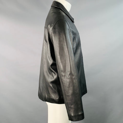 JOSEPH ABBOUD Size M Black Leather Spread Collar Zip Up Jacket
