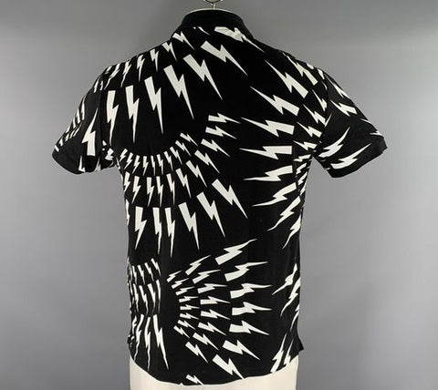 NEIL BARRETT Size L Black White Graphic Cotton Slim Fit Polo