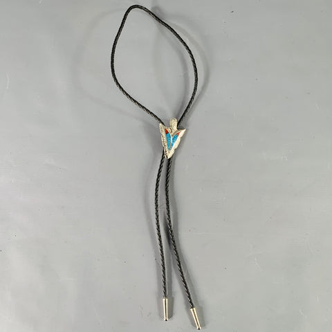 Cravate bolo VINTAGE en argent, cuir noir et pointe de flèche en métal