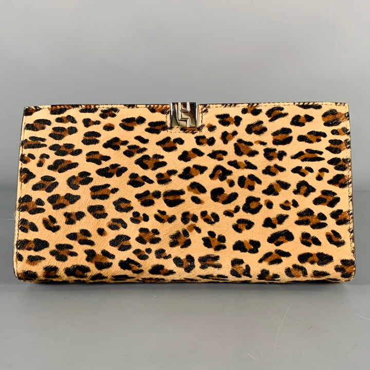 LAMBERTSON TRUEX Beige Brown Animal Print Calf Hair Clutch