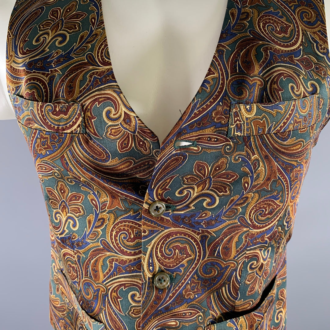 NORDSTROM Size S Green Burgundy Paisley Silk Vest