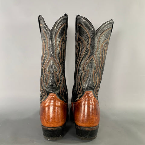 TONY LAMA Size 10 Black Brown Embroidery Leather Boots