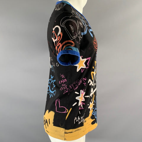 D&G by DOLCE & GABBANA Size S Black Pop Art Cotton V-Neck T-shirt