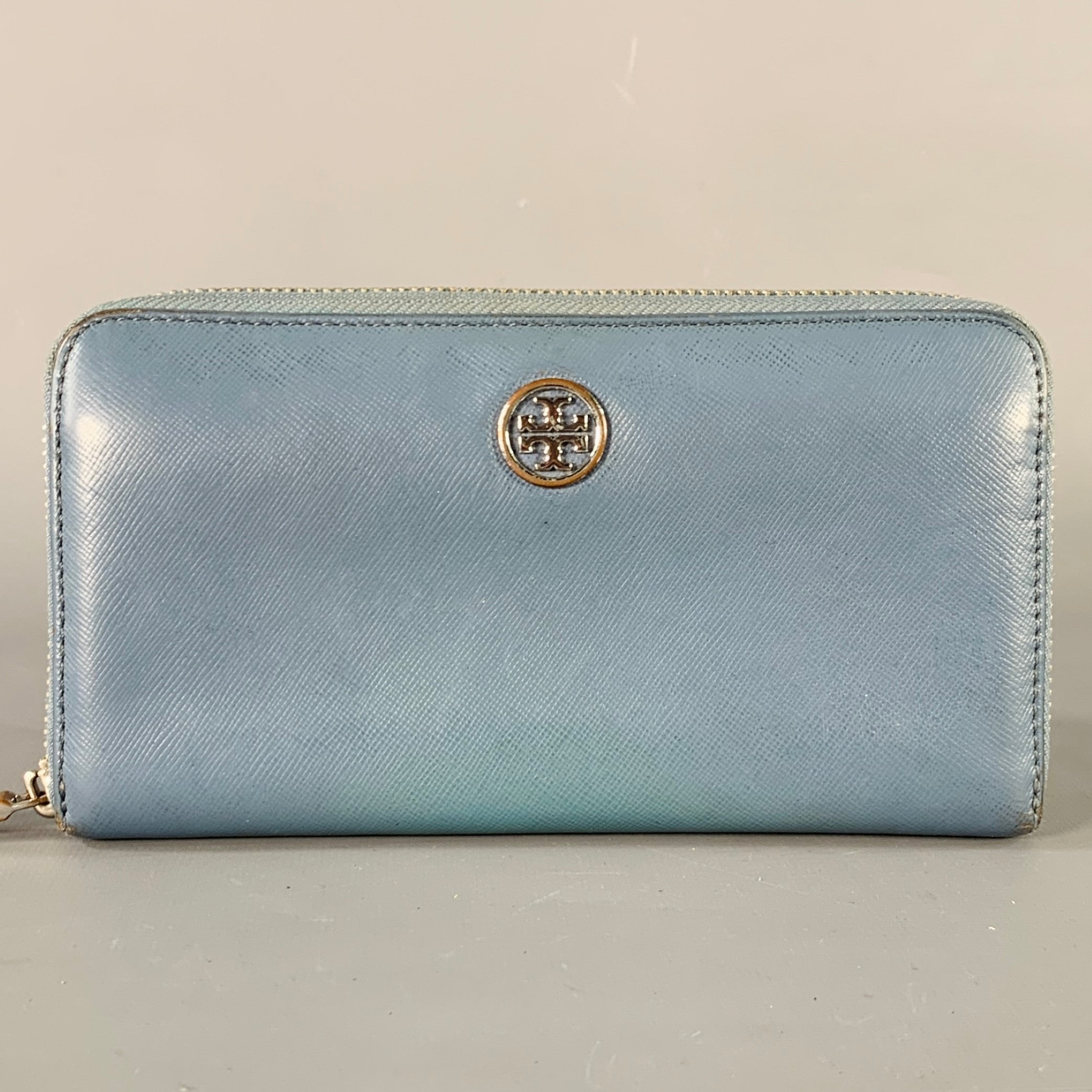 Tory Burchチェック財布 TORY BURCH Blue Saffiano Leather Logo Zip Around Checkbook Wallet
