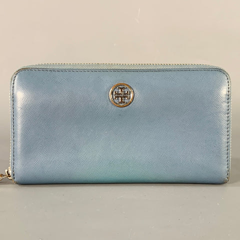 TORY BURCH Blue Saffiano Leather Logo Zip Around Checkbook Wallet