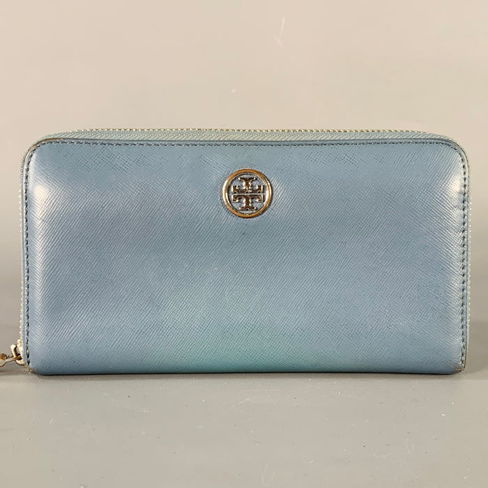 Portefeuille compagnon zippé en cuir Saffiano bleu avec logo TORY BURCH
