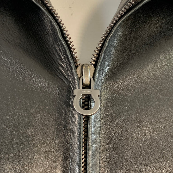 SALVATORE FERRAGAMO Size 42 Black Leather Zip Up Jacket