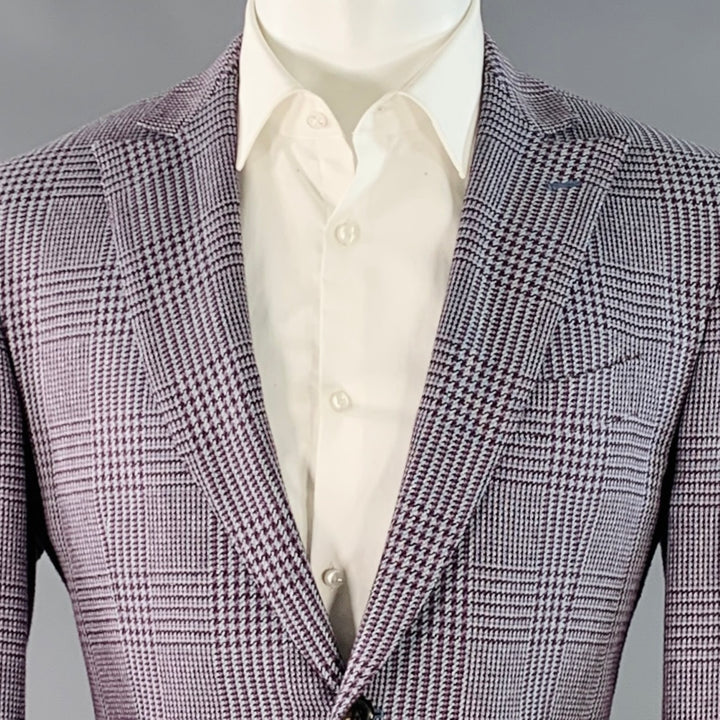 ETRO Size 40 Grey Burgundy Glenplaid Silk Cotton Slim Fit Peak Lapel Sport Coat