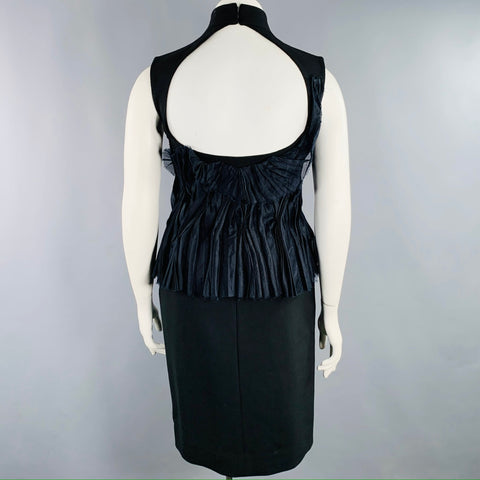 BRIONI Size L Black Mercerized Cotton Ruffled Open Back Cocktail Dress