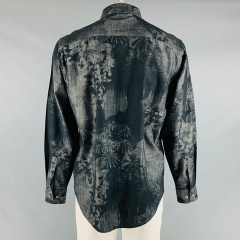 BUGATCHI UOMO Size L Black Grey Palms Cotton Button Up Long Sleeve Shirt