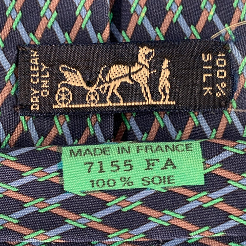 HERMES Blue Green Checkered Silk Tie