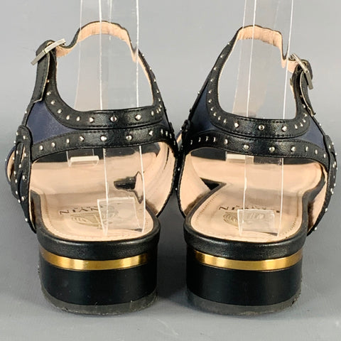 LANVIN Size 8.5 Navy Black Leather Studded Ankle Strap Sandals