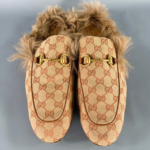 GUCCI Size 11.5 Guccissima Beige Rust Monogram Canvas Slip-On Loafers
