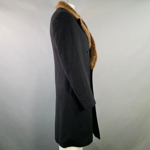 NEIMAN MARCUS Vintage Size L Black Taupe Wool Fur Peak Lapel Double Breasted Coat