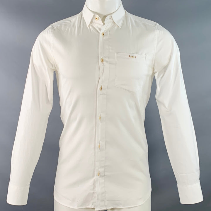 TED BAKER Size XS Brixton White Cotton Blend One Pocket Long Sleeve Shirt