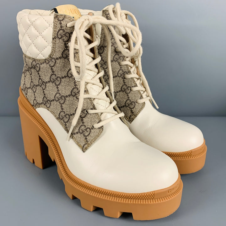 GUCCI Size 8 Cream Brown Leather Monogram Chunky Heel Boots