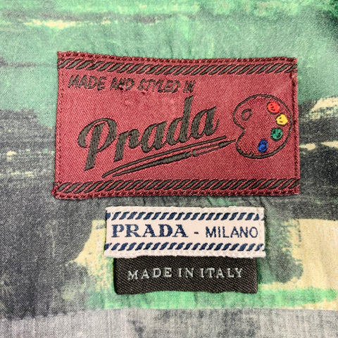 PRADA FW17 Size S Green Multi Color Landscape Print Cotton Button Up Long Sleeve Shirt