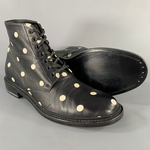 SAINT LAURENT Size 7.5 Black White Leather Polka Dot Ankle Boots