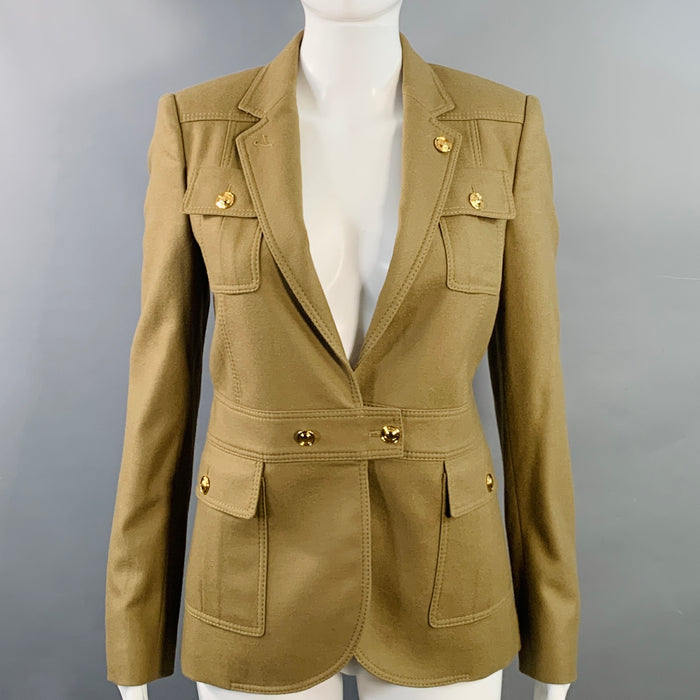 GUCCI Size 4 Tan Gold Wool Cashmere Blend Twill Safari Jacket Blazer