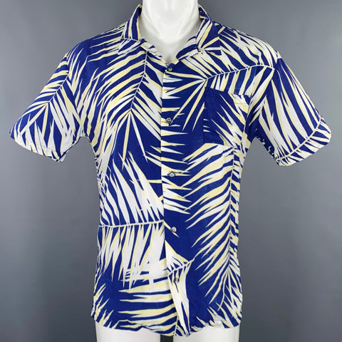 DOUBLE RAINBOUU Size M Blue White Yellow Leaves Rayon Camp Short Sleeve Shirt
