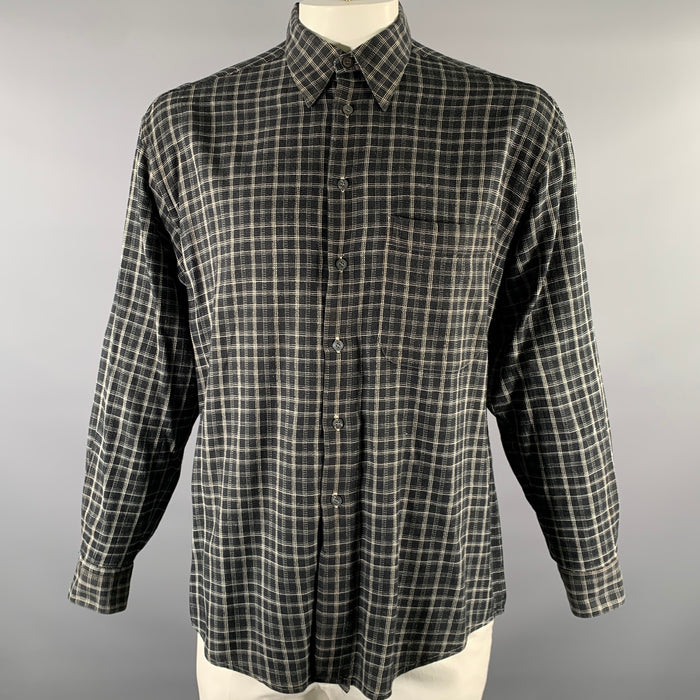 ERMENEGILDO ZEGNA Size L Black White Plaid Cotton Blend Long Sleeve Shirt