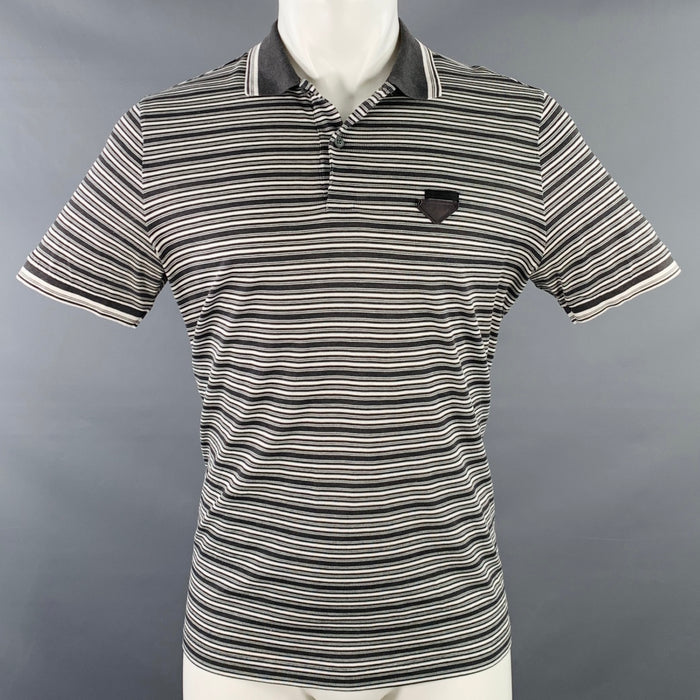 PRADA Size M Grey White Stripe Cotton Pique Buttoned Polo