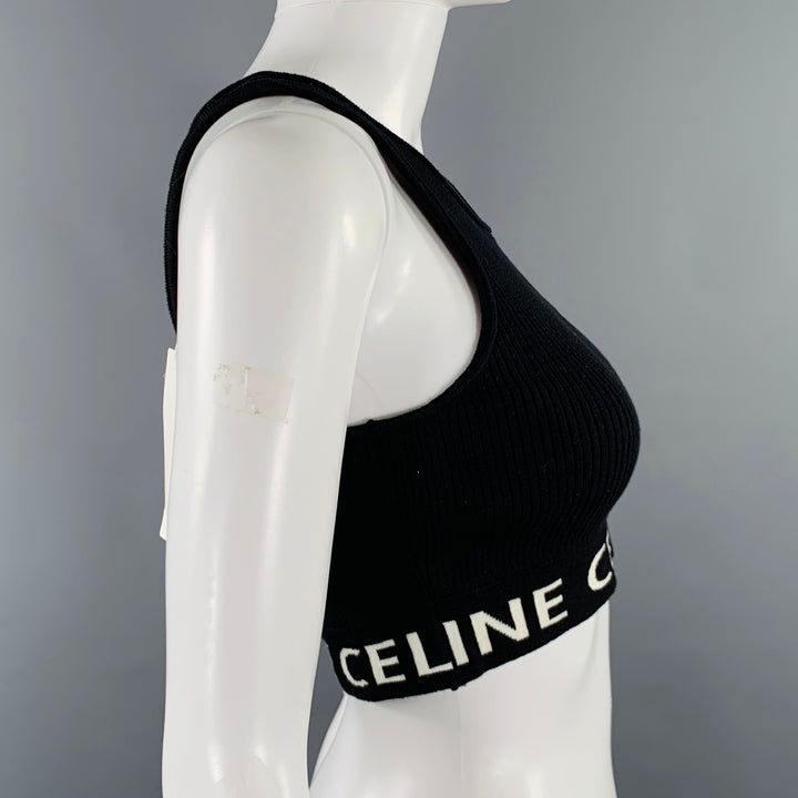 CELINE Size S Black White Cotton Logo Athletic Casual Crop Top