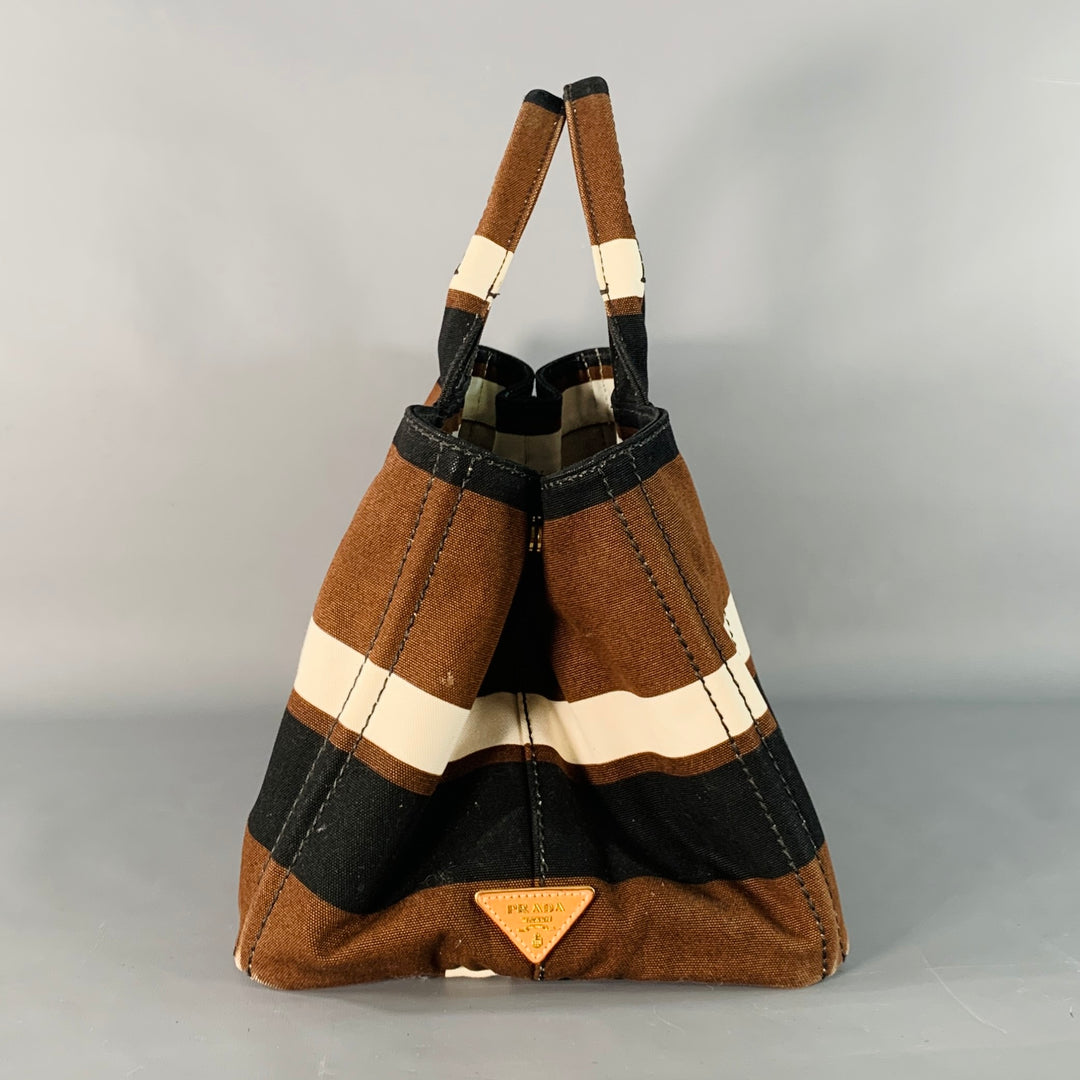 PRADA Canapa Brown Black White Stripe Canvas Open Top Tote Handbag